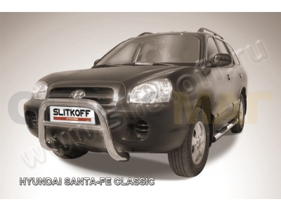 Кенгурятник 76 мм низкий серебристый Slitkoff для Hyundai Santa Fe Сlassic 2000-2012