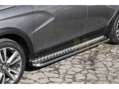Пороги с площадкой алюминиевый лист 42 мм Slitkoff для Lada Vesta SW Cross 2017-2021