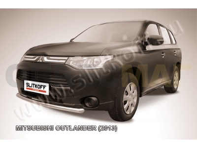 Защита переднего бампера 57 мм короткая серебристая Slitkoff для Mitsubishi Outlander 2012-2014