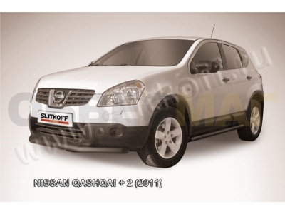 Защита переднего бампера 57 мм короткая чёрная Slitkoff для Nissan Qashqai +2 2010-2014