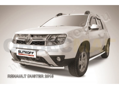 Защита переднего бампера 57 мм бампера серебристая Slitkoff для Renault Duster 2015-2021