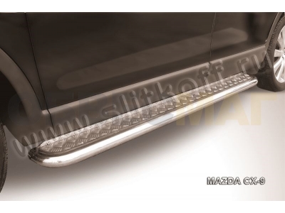 Пороги с площадкой алюминиевый лист 57 мм Slitkoff для Mazda CX-9 2007-2012
