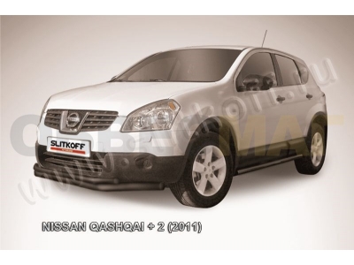 Защита передняя двойная 57-42 мм длинная чёрная Slitkoff для Nissan Qashqai +2 2010-2014