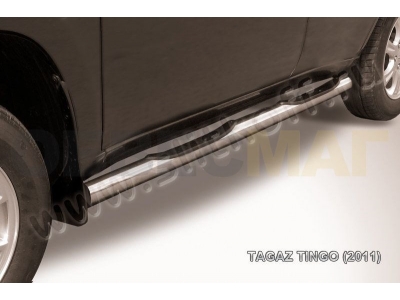 Пороги труба с накладками 76 мм серебристая Slitkoff для Vortex Tingo 2010-2012