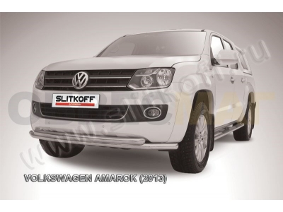 Защита передняя двойная 57-57 мм радиусная серебристая Slitkoff для Volkswagen Amarok 2010-2016