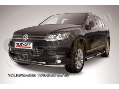 Защита передняя двойная 57-57 мм серебристая Slitkoff для Volkswagen Touareg 2010-2014