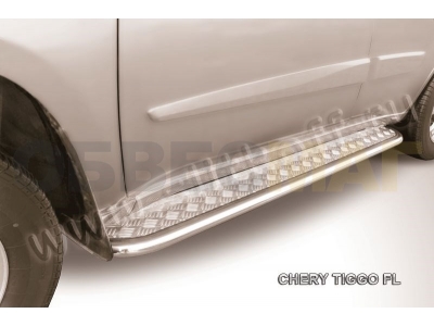 Пороги с площадкой алюминиевый лист 42 мм усиленные для Chery Tiggo FL № CT-FL-007