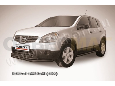 Защита передняя двойная 57-42 мм длинная чёрная Slitkoff для Nissan Qashqai 2007-2010