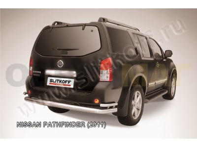 Защита заднего бампера двойная 76-42 мм серебристая Slitkoff для Nissan Pathfinder 2010-2014