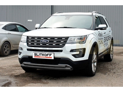 Защита передняя двойная 76-57 мм чёрная Slitkoff для Ford Explorer 2018-2021
