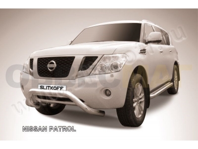 Кенгурятник 76 мм низкий широкий мини серебритсый Slitkoff для Nissan Patrol 2010-2021