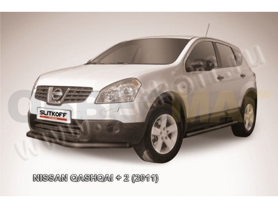 Защита переднего бампера 57 мм длинная чёрная Slitkoff для Nissan Qashqai +2 2010-2014