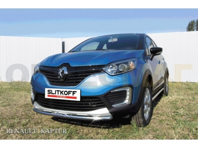 Защита переднего бампера 42 мм с надписью серебристая Slitkoff для Renault Kaptur 2WD 2016-2021