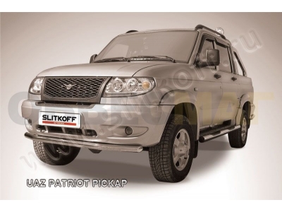 Защита переднего бампера 57 мм серебристая Slitkoff для УАЗ Патриот Пикап 2008-2014