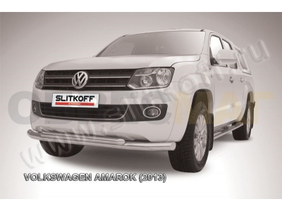 Защита передняя двойная 76-57 мм серебристая Slitkoff для Volkswagen Amarok 2010-2016