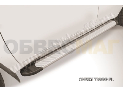 Пороги алюминиевые Slitkoff Optima Silver для Chery Tiggo FL № AL-CTFL02
