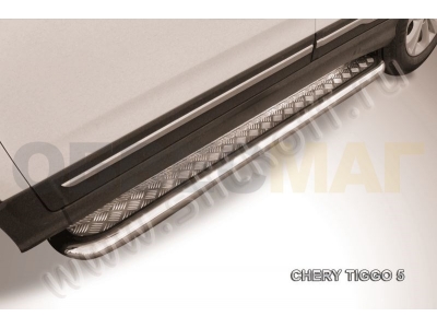 Пороги с площадкой алюминиевый лист 57 мм усиленные для Chery Tiggo 5 № CT5-007