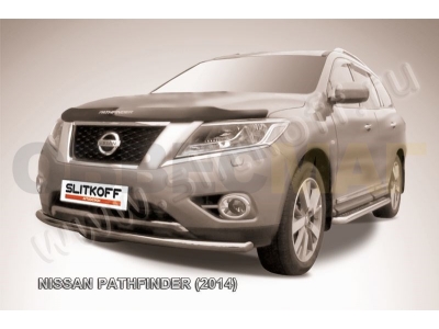 Защита переднего бампера 57 мм радиусная серебристая Slitkoff для Nissan Pathfinder 2014-2021