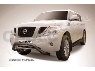 Защита переднего бампера 76 мм чёрная Slitkoff для Nissan Patrol 2010-2021