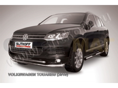 Защита передняя двойная 76-57 мм серебристая Slitkoff для Volkswagen Touareg 2010-2014