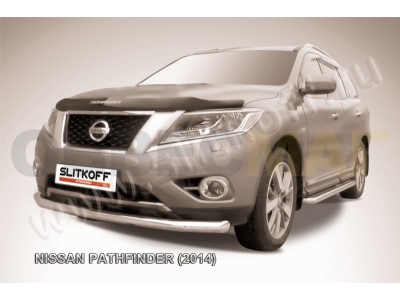 Защита переднего бампера 76 мм серебристая Slitkoff для Nissan Pathfinder 2014-2021