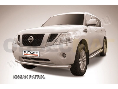 Защита переднего бампера 76 мм серебристая Slitkoff для Nissan Patrol 2010-2021