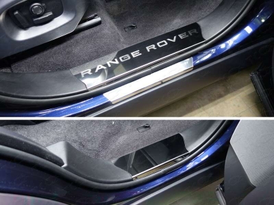 Накладки на пластиковые пороги зеркальный лист надпись Range Rover) ТСС для Range Rover Sport 2013-2021