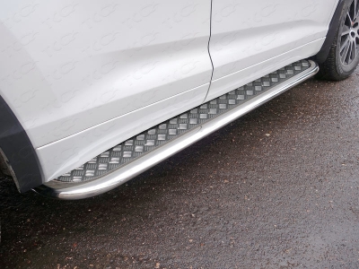 Пороги с площадкой алюминиевый лист 75х42 мм ТСС для Hyundai Santa Fe 2010-2012