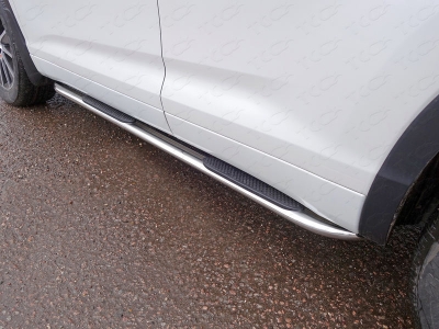 Пороги труба овальная гнутая с накладкой 75х42 мм ТСС для Hyundai Santa Fe Grand 2014-2016