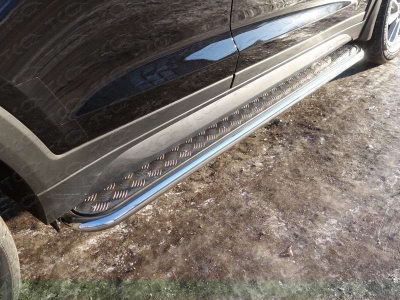Пороги с площадкой алюминиевый лист 42 мм ТСС для Hyundai Tucson 2015-2018