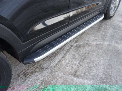 Пороги алюминиевые ТСС с накладкой для Hyundai Tucson № HYUNTUC15-10AL