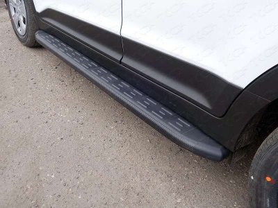 Пороги алюминиевые ТСС с накладкой чёрные для Hyundai Creta № HYUNCRE16-06BL