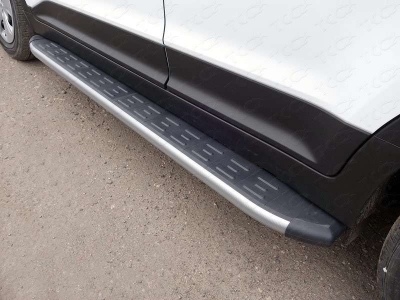 Пороги алюминиевые ТСС с накладкой серебристые для Hyundai Creta № HYUNCRE16-06SL