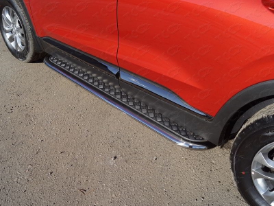 Пороги с площадкой алюминиевый лист 75х42 мм для Hyundai Santa Fe 2018-2021