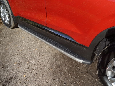 Пороги алюминиевые ТСС с накладкой серые для Hyundai Santa Fe № HYUNSF18-24GR