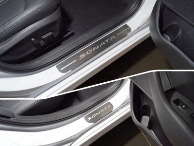 Накладки на пороги шлифованный лист надпись Sonata 4 штуки для Hyundai Sonata № HYUNSON18-05
