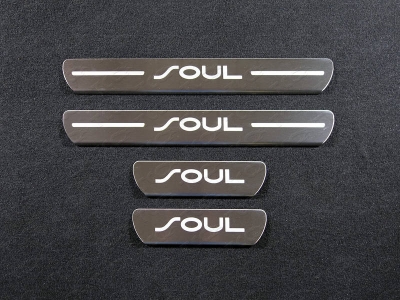Накладки на пороги лист шлифованный надпись Soul 4 штуки ТСС для Kia Soul 2014-2021