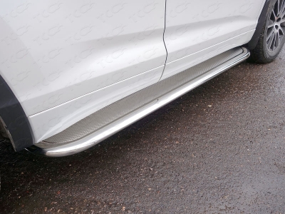 Пороги с площадкой нержавеющий лист 75х42 мм ТСС для Hyundai Santa Fe 2010-2012