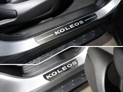 Накладки на пороги на пластик зеркальный лист надпись Koleos 2 штуки ТСС для Renault Koleos 2018-2021