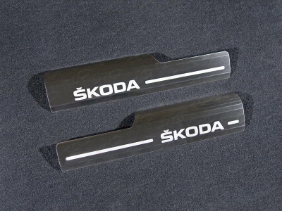 Накладки на пороги на пластик шлифованный лист надпись Skoda 2 штуки ТСС для Skoda Kodiaq 2018-2021