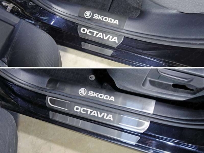 Накладки на пластиковые пороги лист шлифованный надпись Skoda ТСС для Skoda Octavia A7 2013-2020