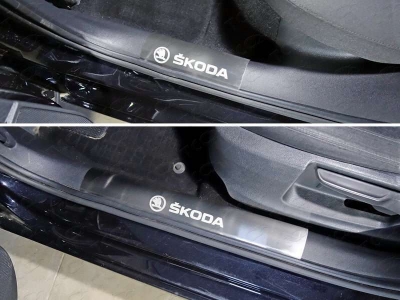 Накладки на пластиковые пороги лист шлифованный надпись Skoda для Skoda Octavia A7 № SKOOCT15-03
