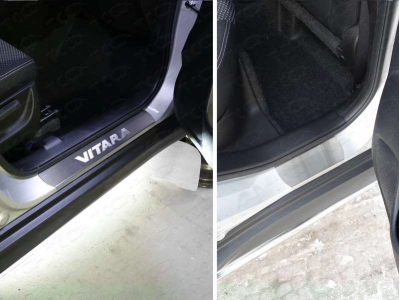 Накладки на пороги шлифованный лист надпись Vitara ТСС для Suzuki Vitara 2015-2021