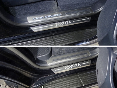 Накладки на пороги с гибом шлифованный лист надпись Toyota 4 штуки ТСС для Toyota Land Cruiser 200 Executive 2016-2021