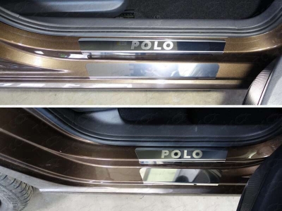 Накладки на пороги внешние и внутренние зеркальный лист надпись Polo 8 шт ТСС для Volkswagen Polo 2015-2020