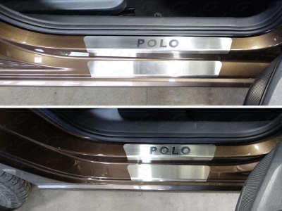 Накладки на пороги внешние и внутренние лист шлифованный надпись Polo 8 шт ТСС для Volkswagen Polo 2015-2020