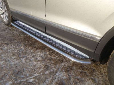 Пороги овал с площадкой алюминиевый лист 75х42 мм ТСС для Volkswagen Tiguan 2016-2021