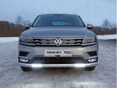Защита передняя овальная с ДХО для Offroad 75х42 мм ТСС для Volkswagen Tiguan 2016-2021