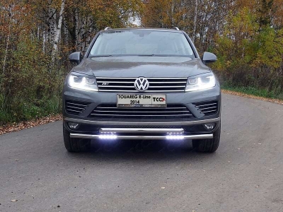 Защита передняя двойная с ДХО 60-60 мм ТСС для Volkswagen Touareg R-Line 2014-2017
