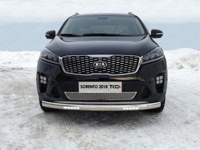 Защита передняя овальная с ДХО 75х42 мм для Kia Sorento Prime № KIASORPR18-13